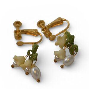 Vintage Floral Screw Back Earrings Faux Pearl Dangle Gold Tone NEW